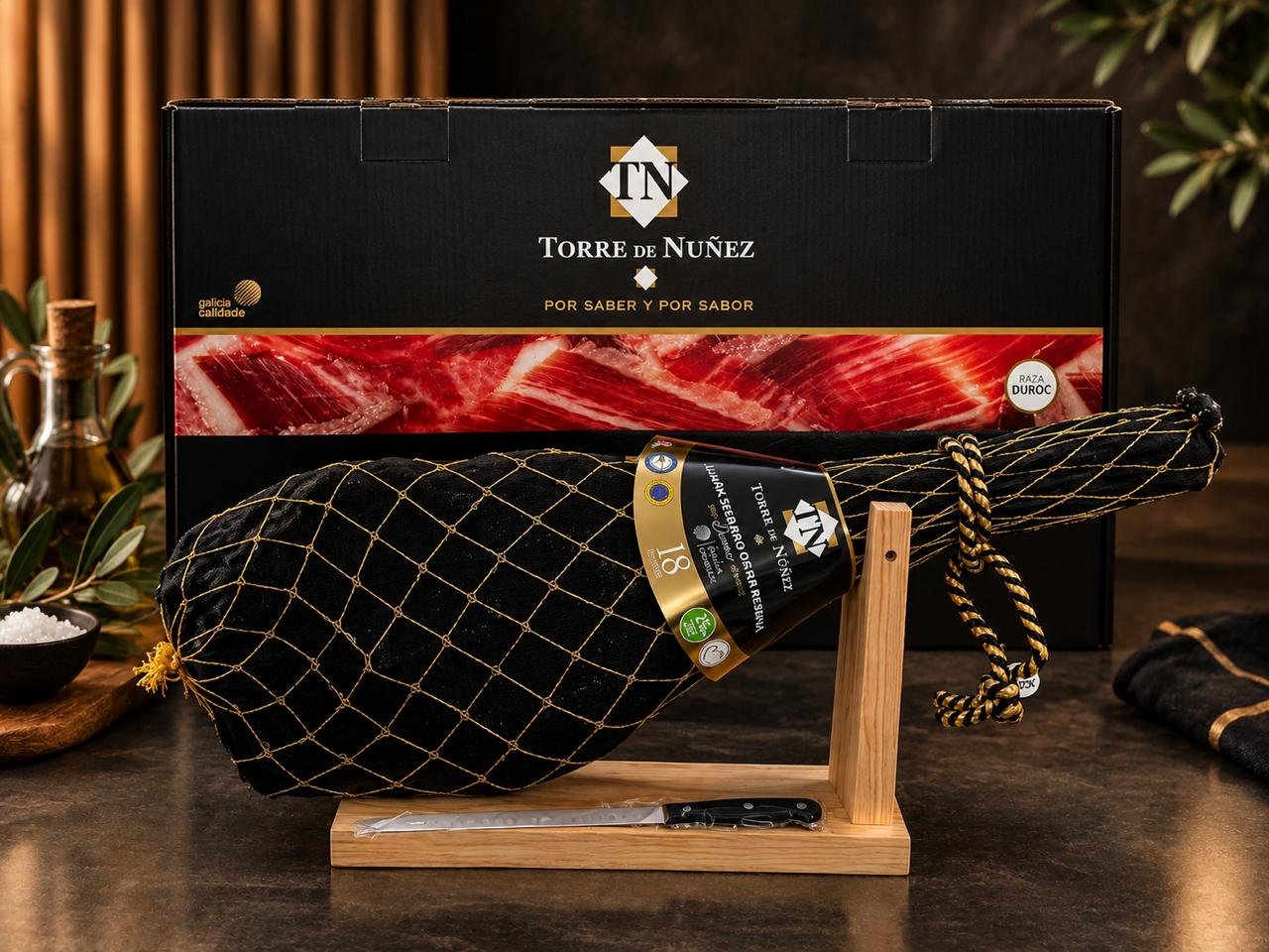 Jamón Serrano Gran Reserva 15 meses Base y cuchillo de regalo